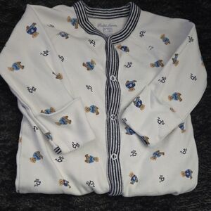 Polo by Ralph Lauren White Footed One-Piece with Navy Trim and Blue Prints